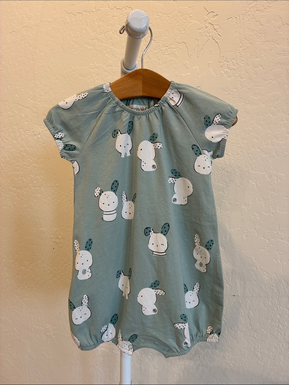 Kids Short-Sleeve Bubble Romper Pajama in Sage with Bunny Print